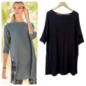 Peruvian Connection Black Flannery Short Sleeve Knit Tunic Top XL